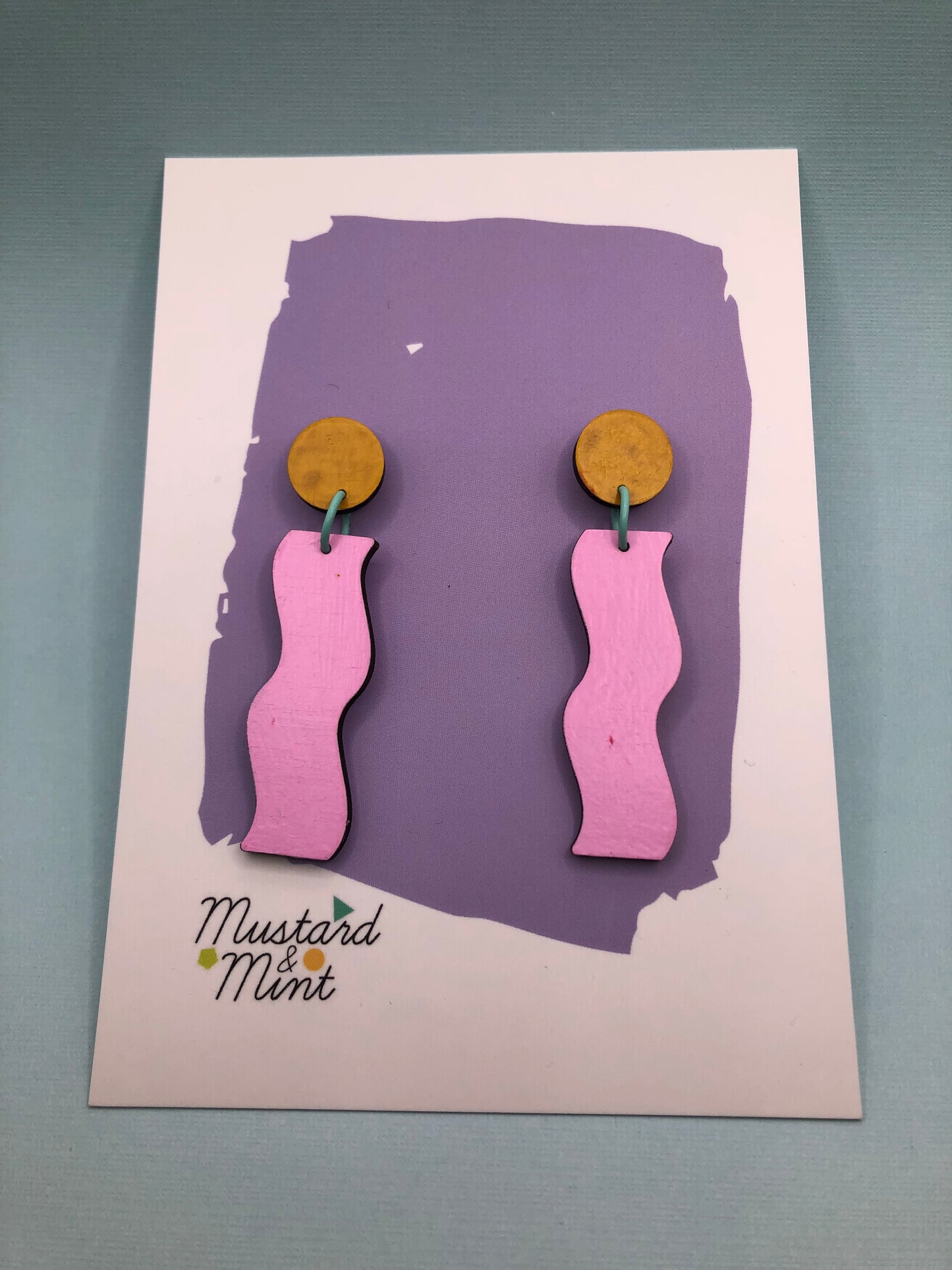 80's inspired Memphis style hand-painted wood dangle earrings, in pink, yellow and turquoise.