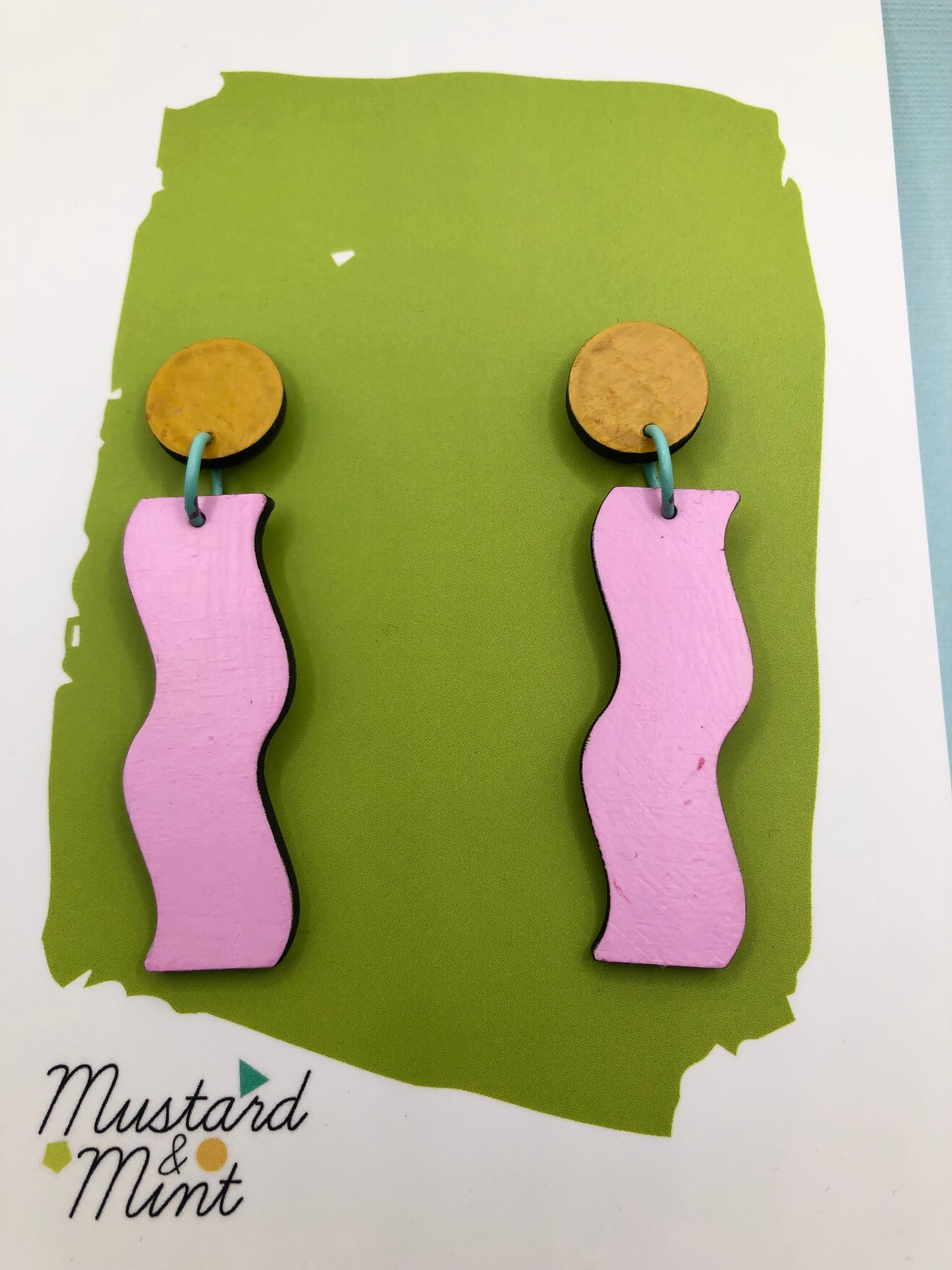 80's inspired Memphis style hand-painted wood dangle earrings, in pink, yellow and turquoise.