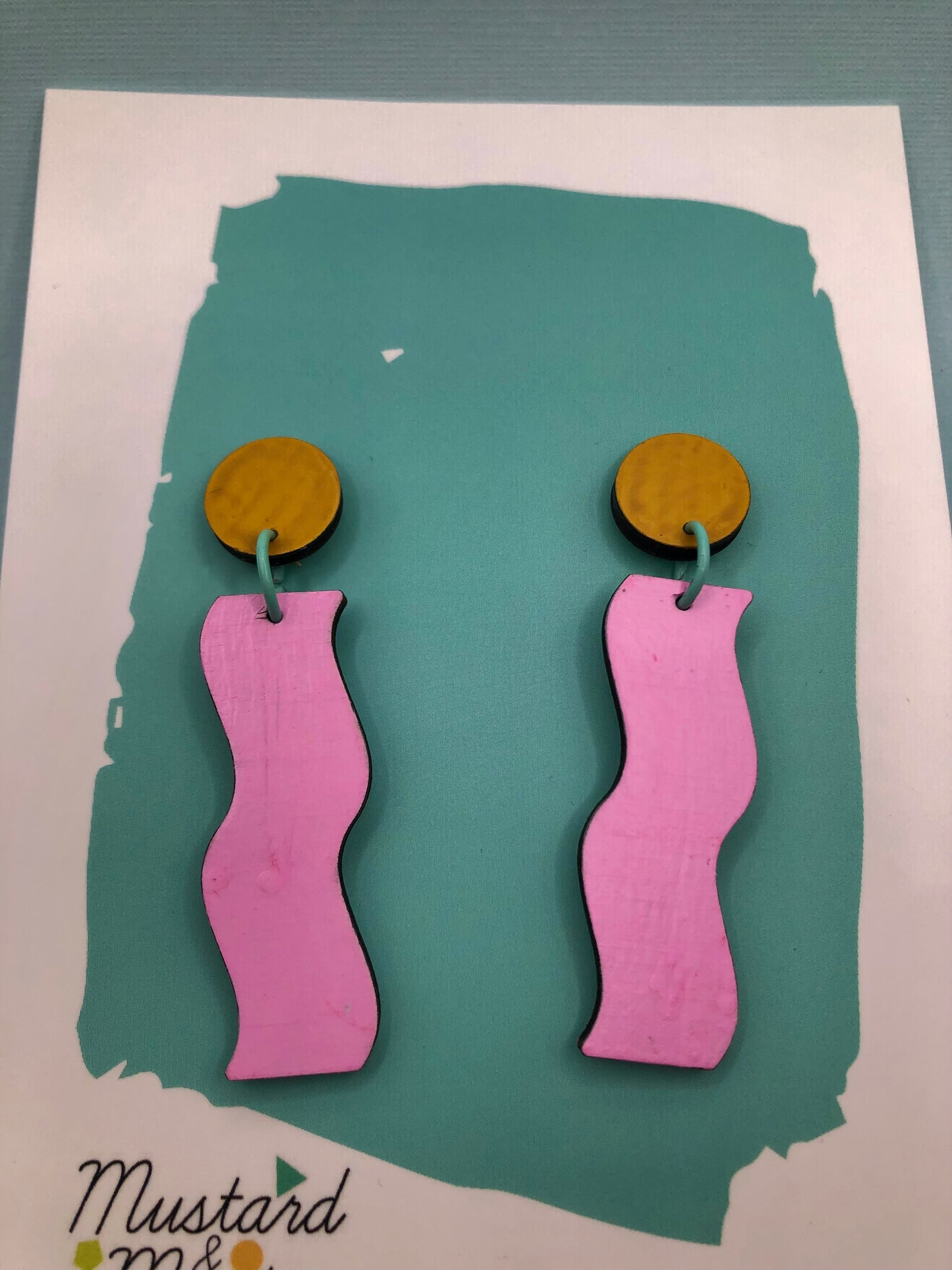80's inspired Memphis style hand-painted wood dangle earrings, in pink, yellow and turquoise.