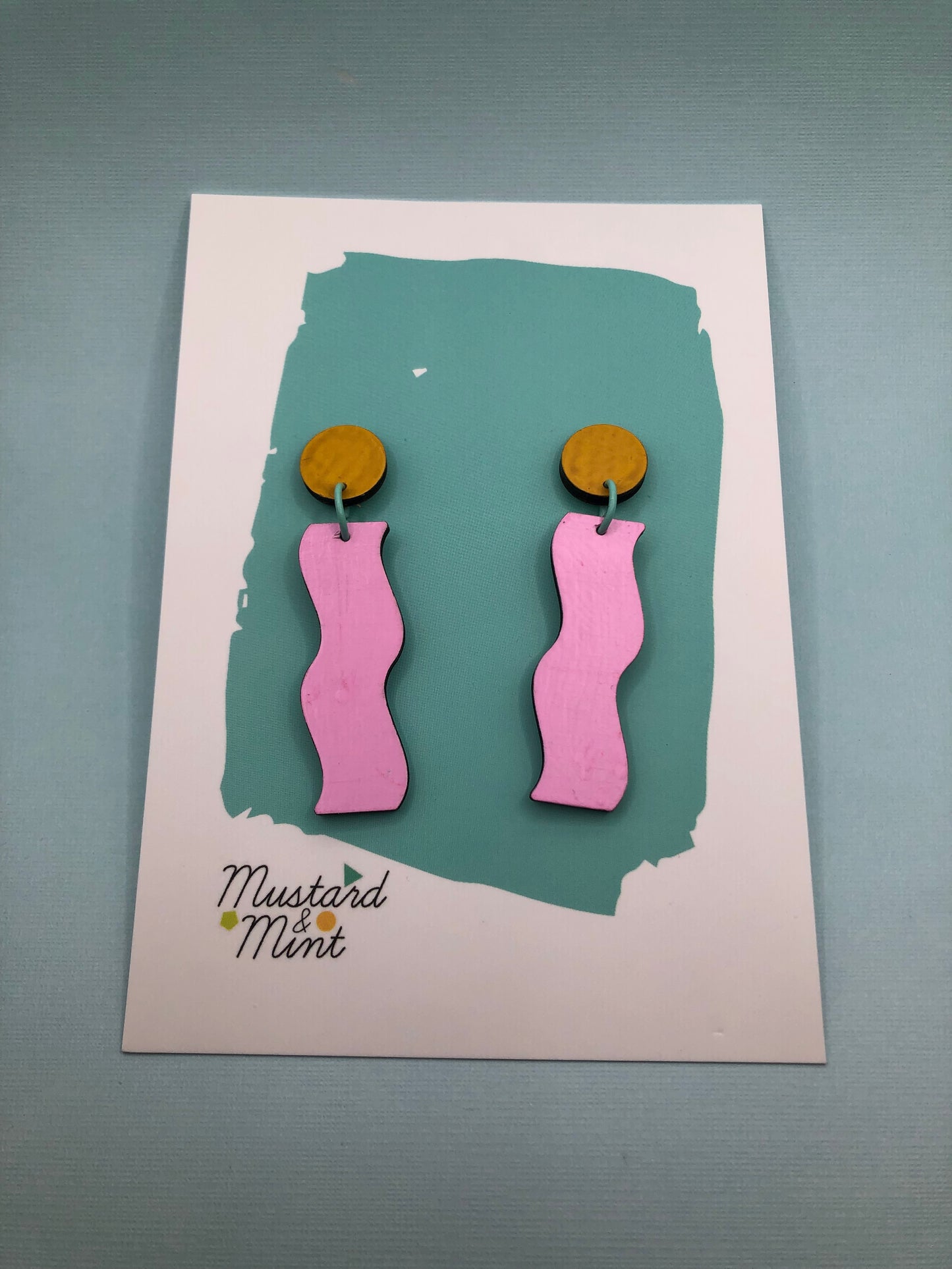80's inspired Memphis style hand-painted wood dangle earrings, in pink, yellow and turquoise.