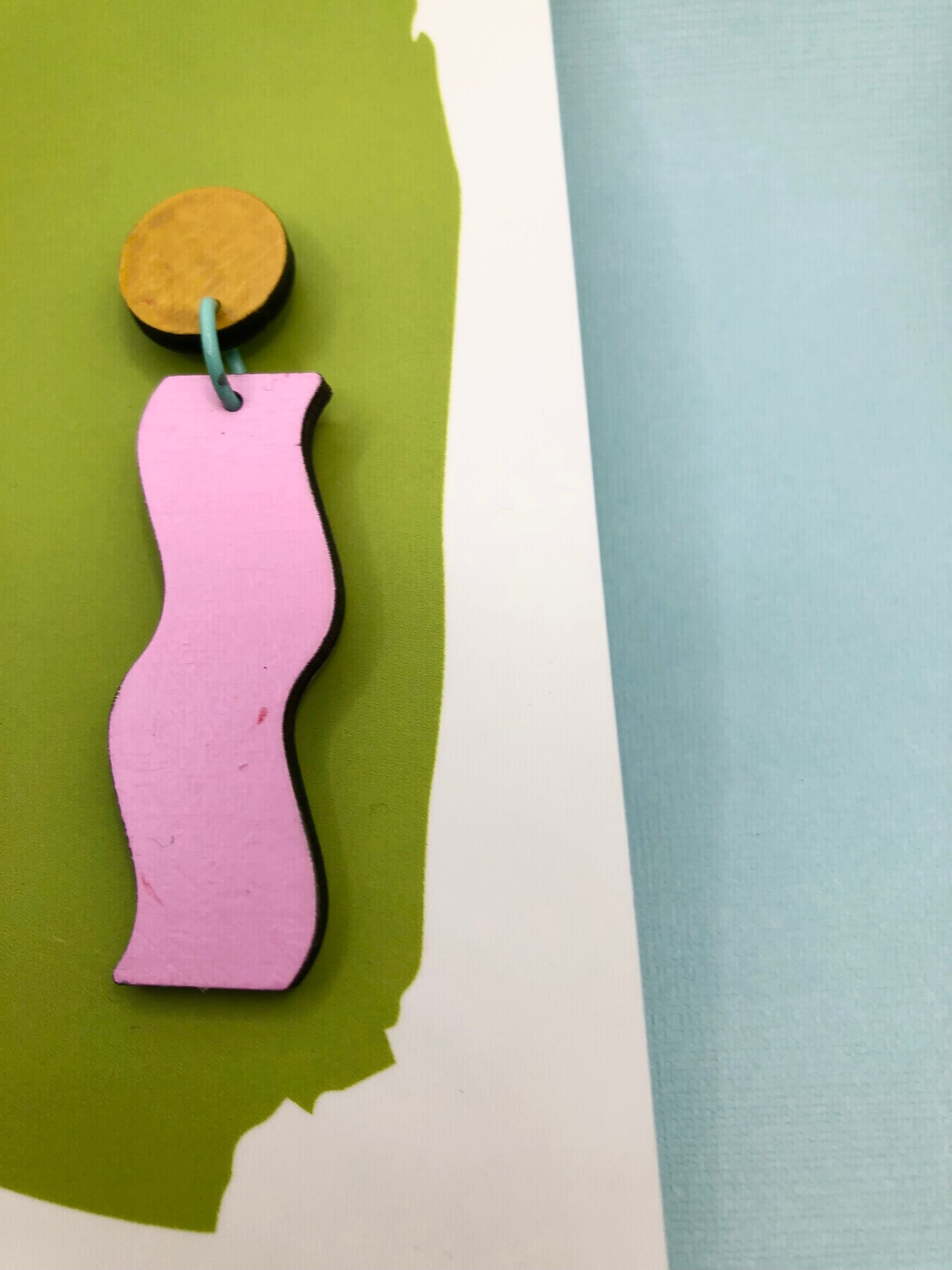 80's inspired Memphis style hand-painted wood dangle earrings, in pink, yellow and turquoise.