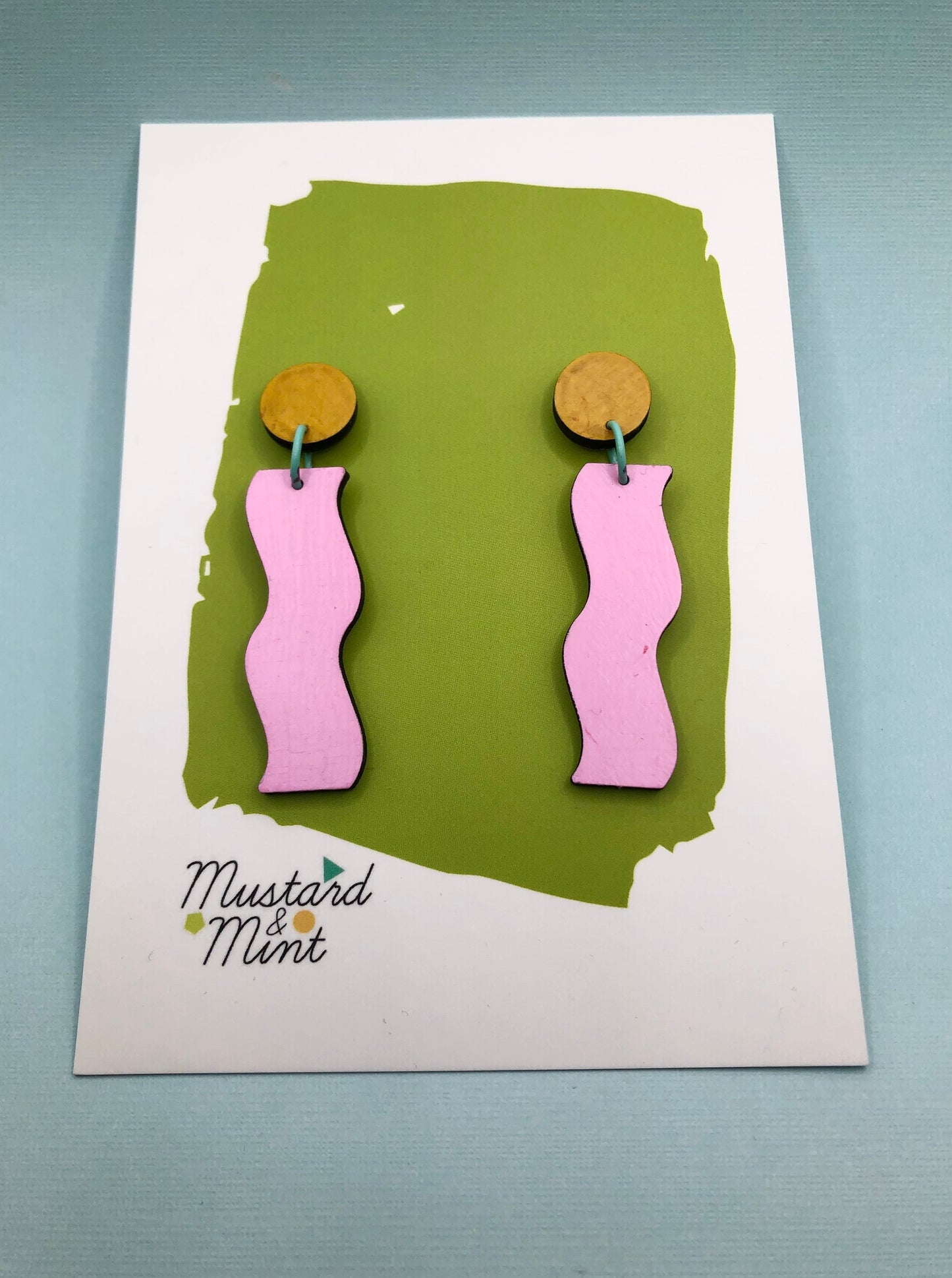 80's inspired Memphis style hand-painted wood dangle earrings, in pink, yellow and turquoise.