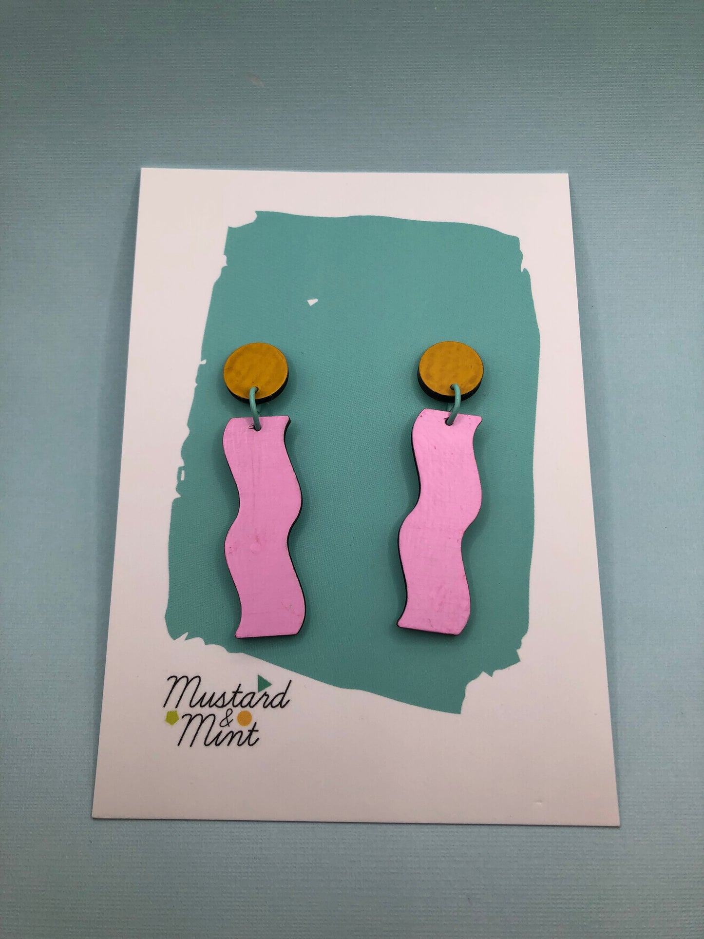 80's inspired Memphis style hand-painted wood dangle earrings, in pink, yellow and turquoise.