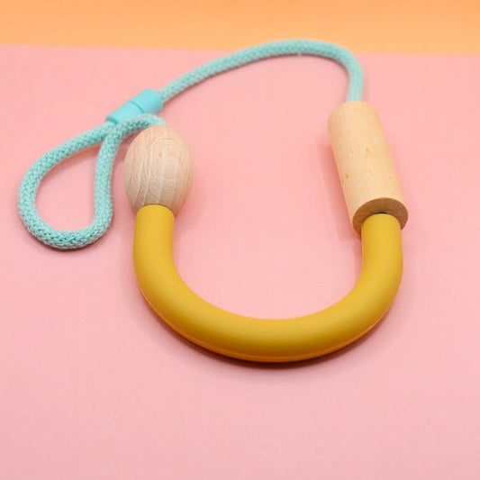Mustard Yellow Silicone U Tube necklace on 5mm Mint Macrame Cord | Chunky Wooden Beads