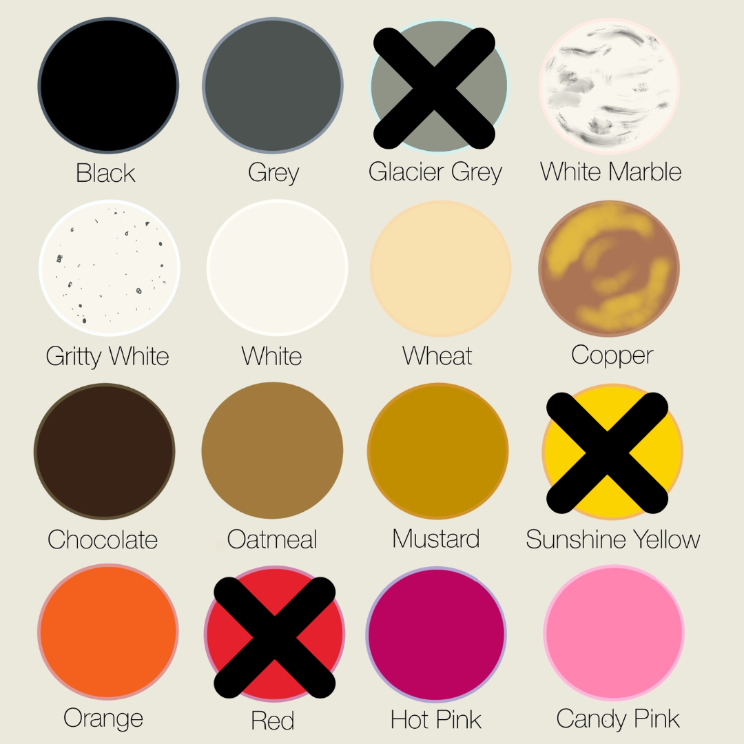 A chart of colours available to choose from for the 'Abbie' pick your own silicone necklace.