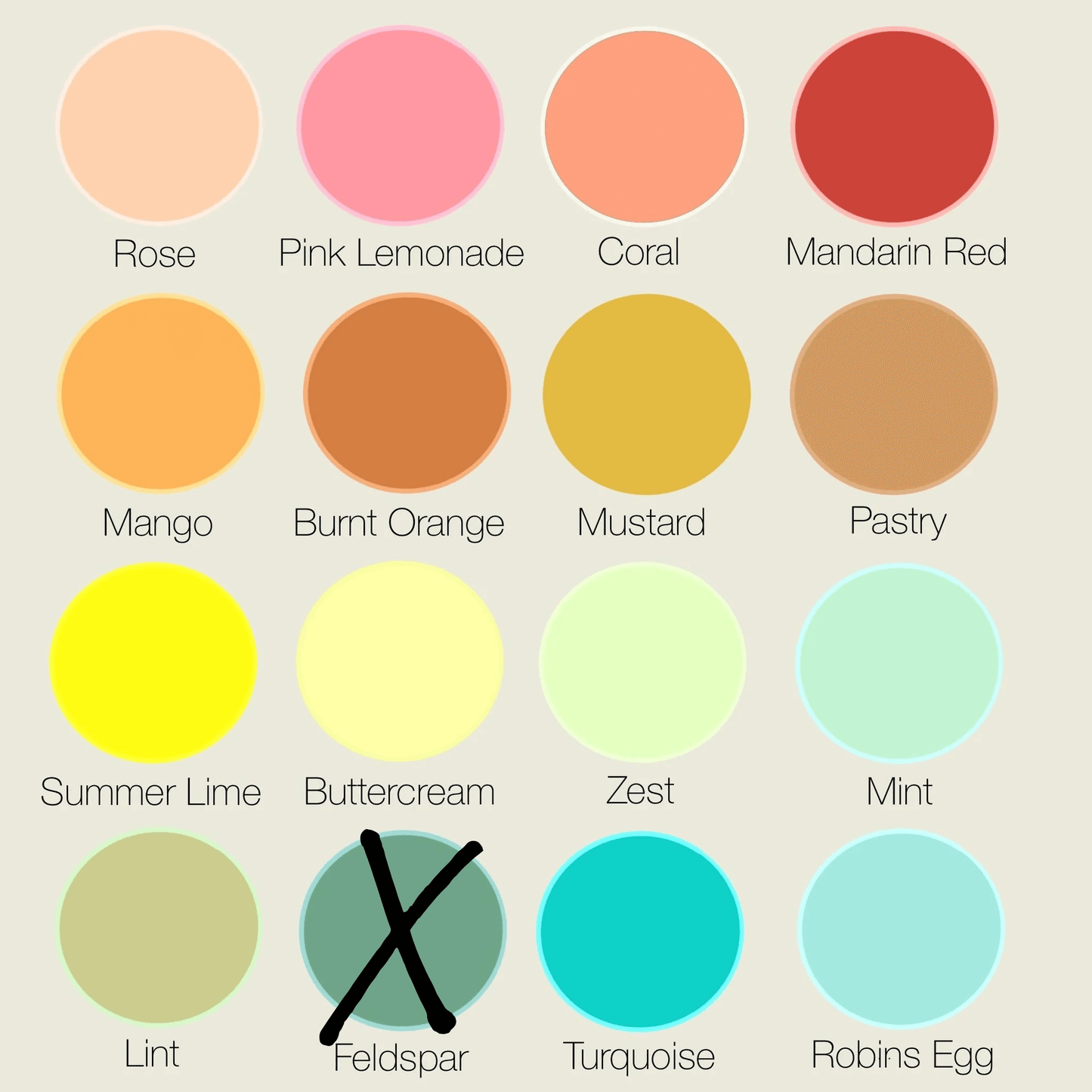 Color chart for choosing beads for a Hexagon Silicone Necklace, with 15 of 16 colors including Rose, Pink Lemonade, Coral, and Mango.
