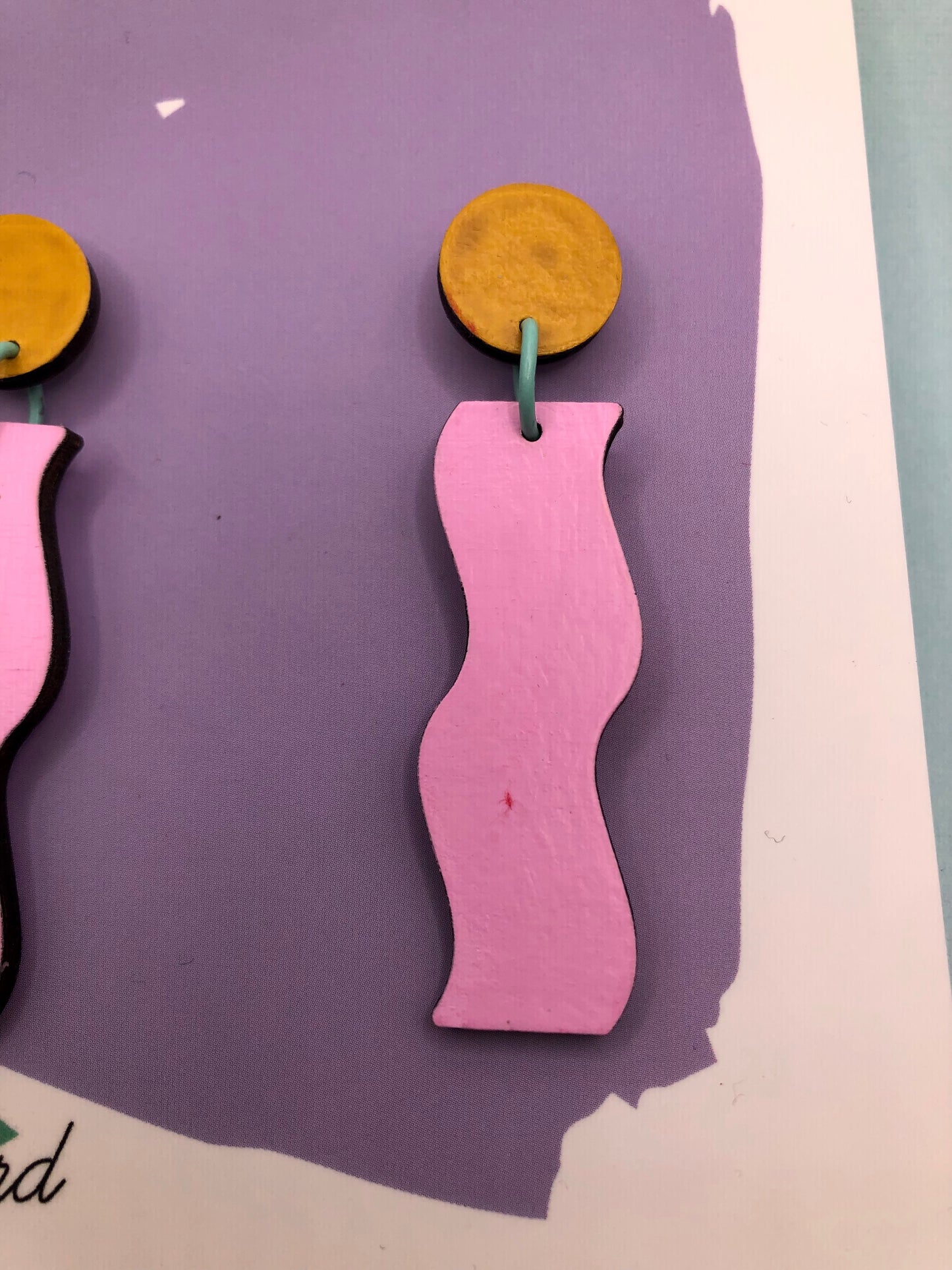 80's inspired Memphis style hand-painted wood dangle earrings, in pink, yellow and turquoise.