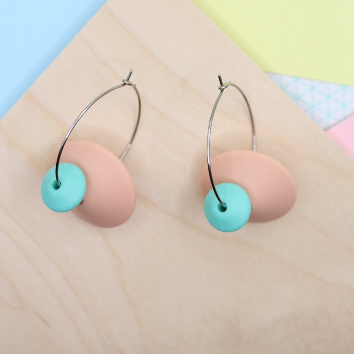 Statement Silicone Hoop Dangle Earrings - Peachy Pink. 30mm Hoops