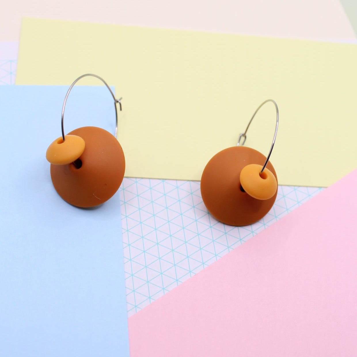 Statement Silicone Hoop Dangle Earrings - Burnt Orange, 30mm Hoops