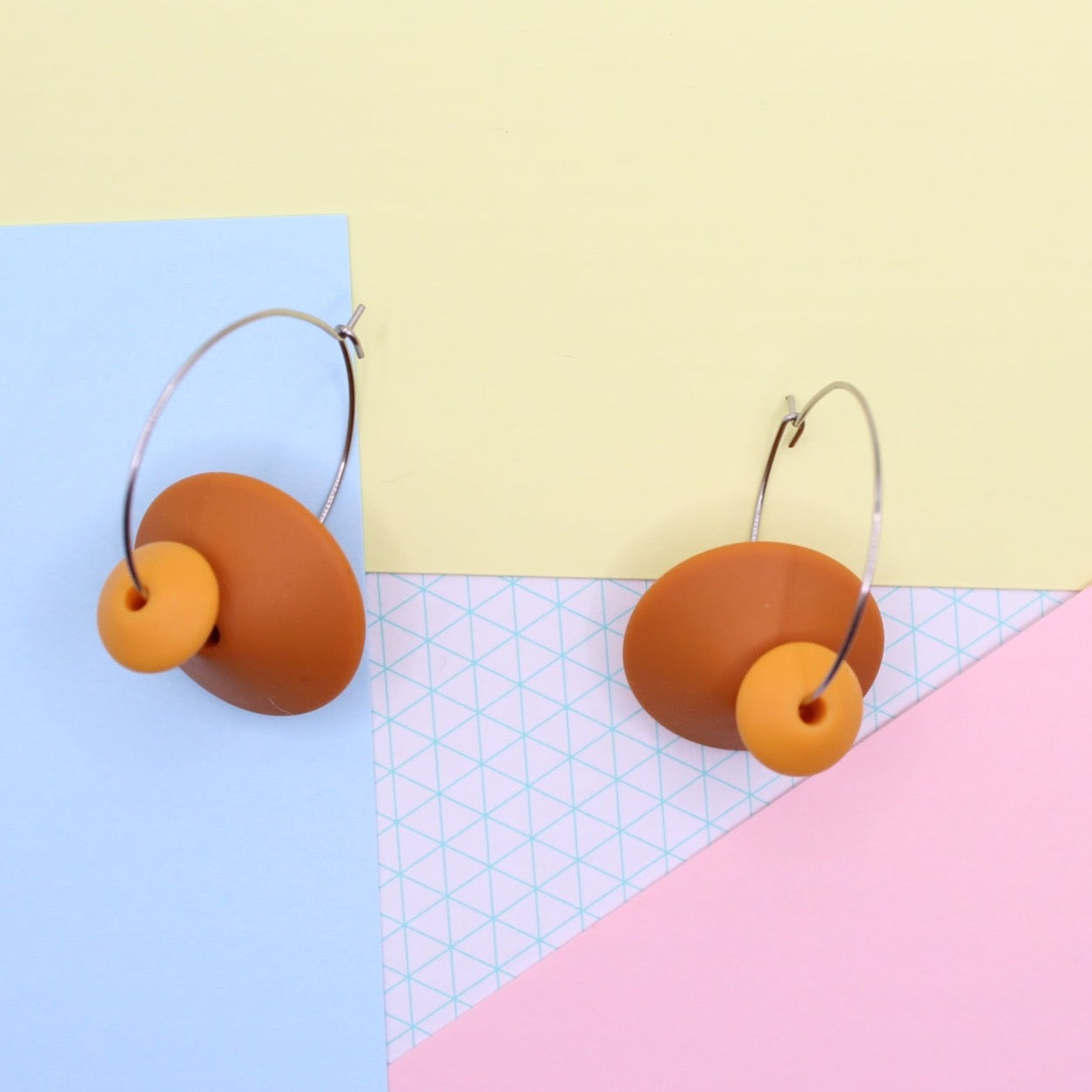Statement Silicone Hoop Dangle Earrings - Burnt Orange, 30mm Hoops