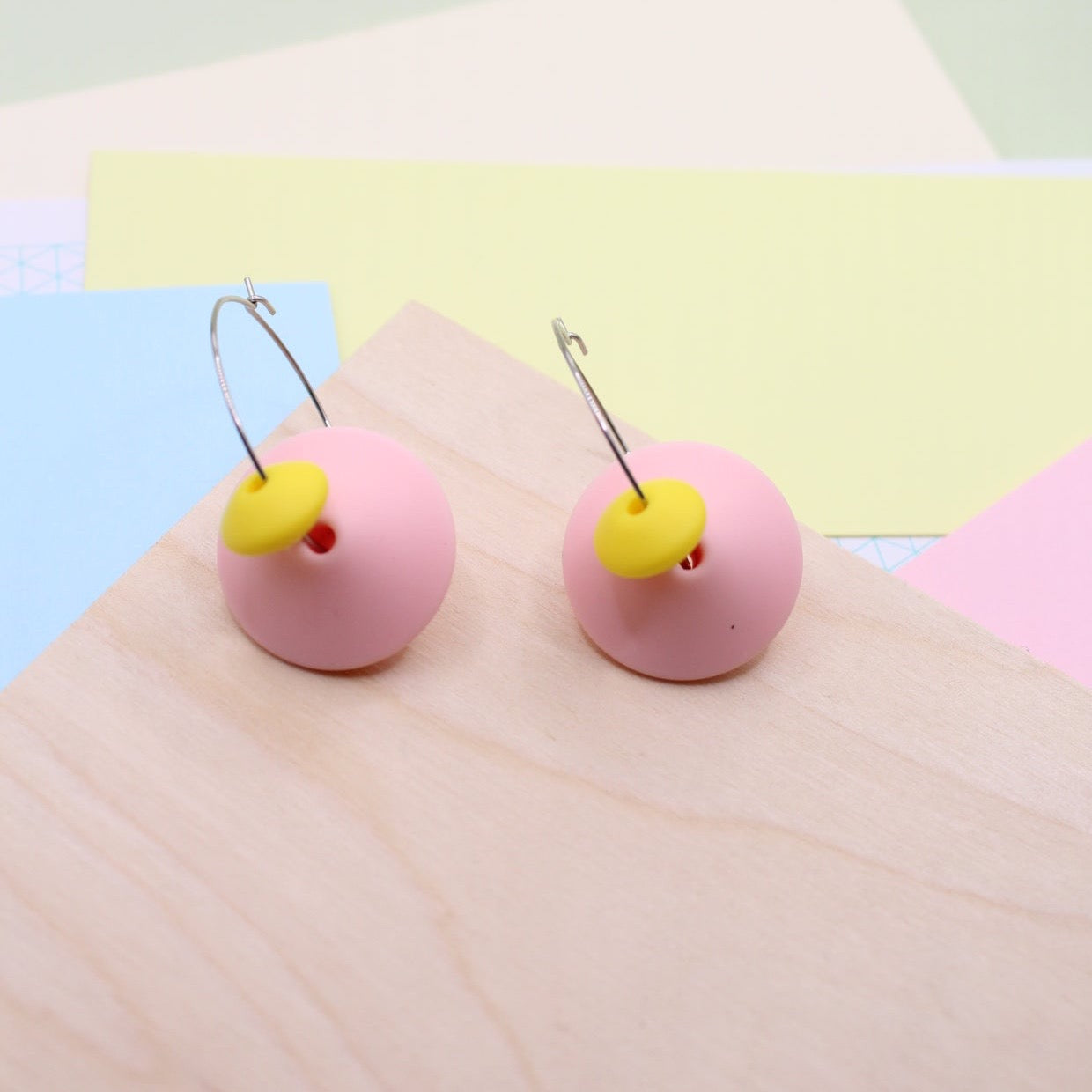Statement Silicone Hoop Dangle Earrings - Rose Pink, 30mm Hoops.