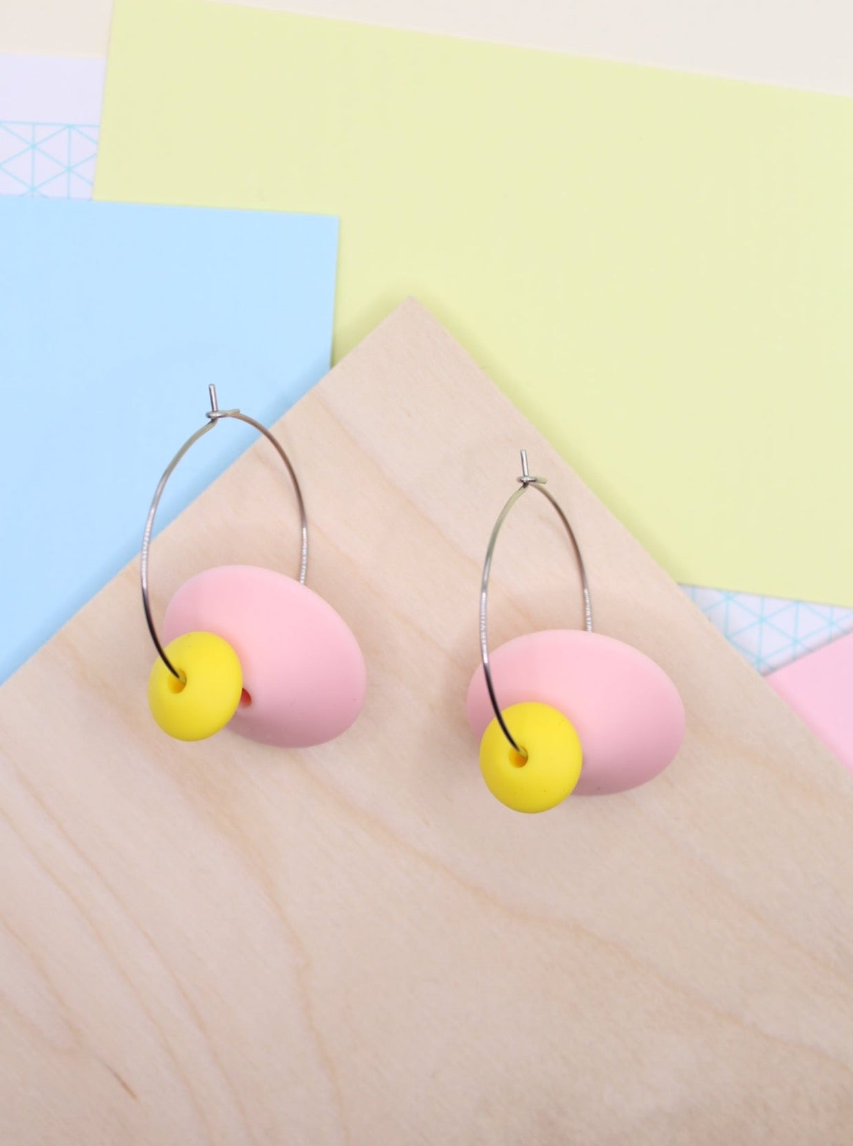Statement Silicone Hoop Dangle Earrings - Rose Pink, 30mm Hoops.