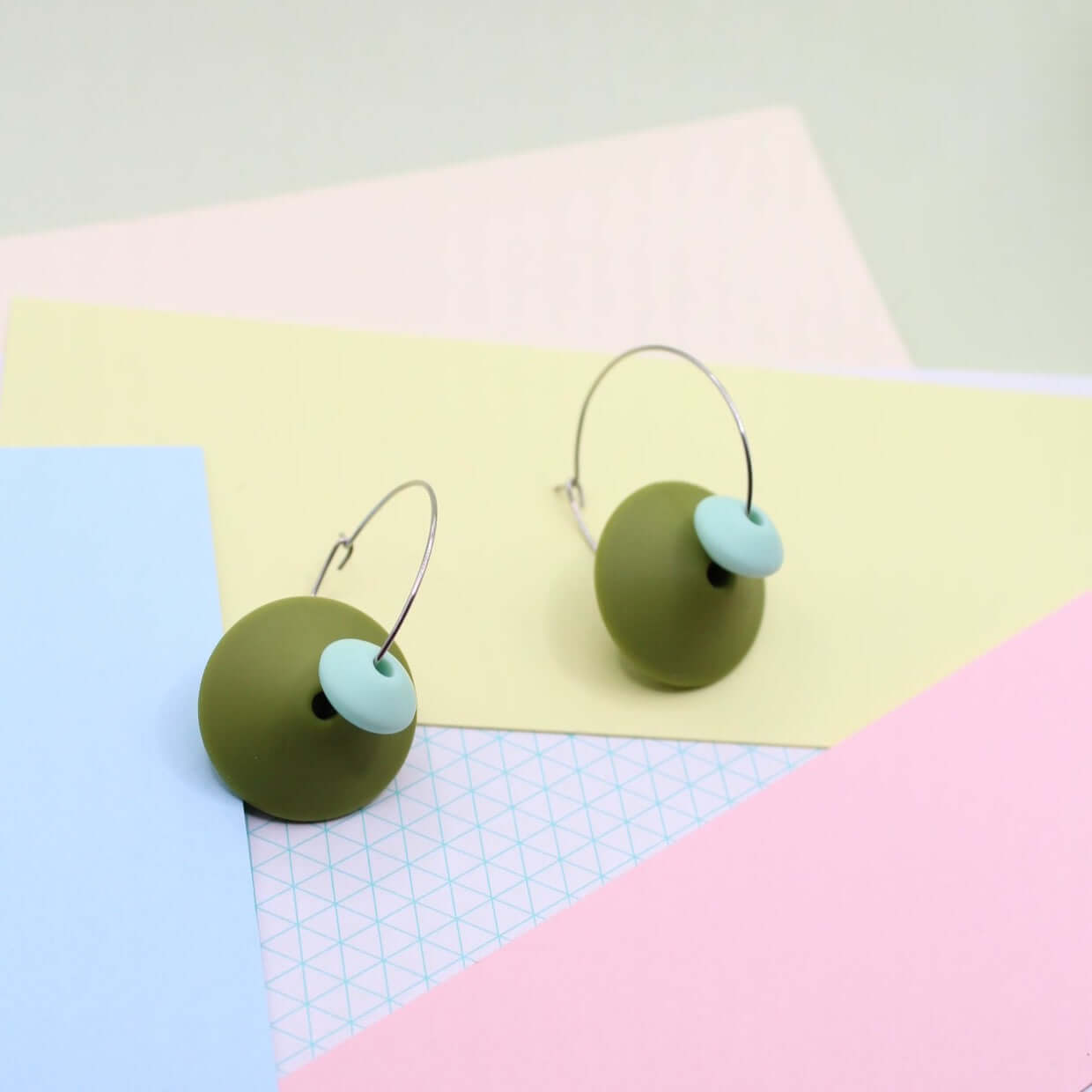 Green Statement Silicone Bead Hoop Dangle Earrings | 30mm Hoops