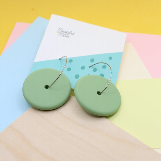 'Le Disque' Silicone Hoop Dangle Earrings - Pistachio. 30mm Handmade Stainless Steel Hoops.