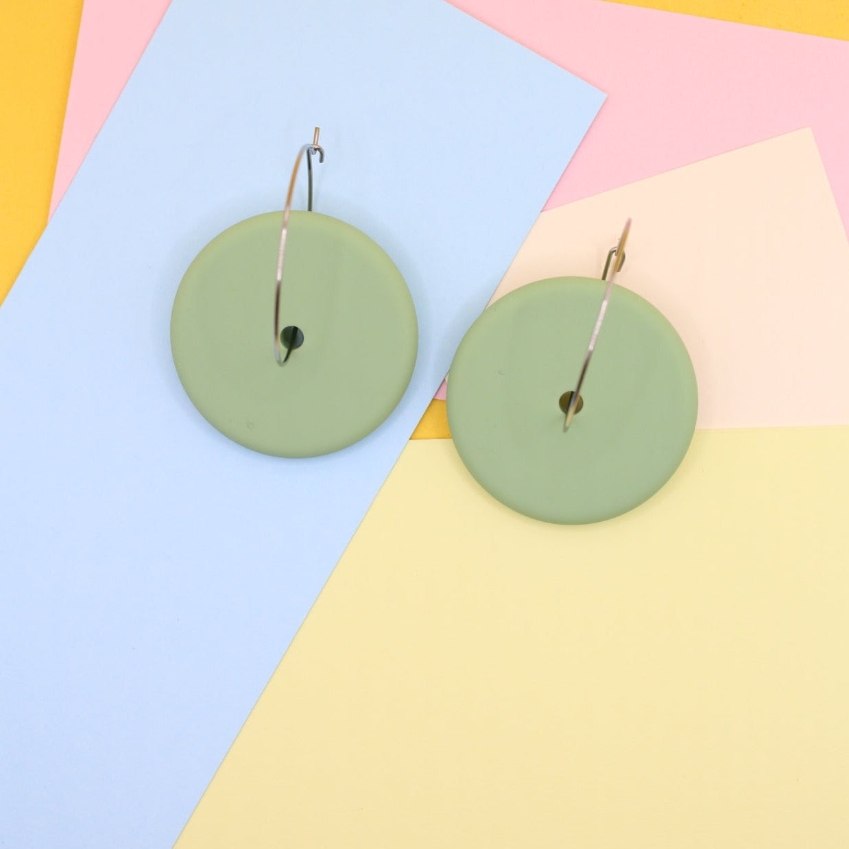 'Le Disque' Silicone Hoop Dangle Earrings - Pistachio. 30mm Handmade Stainless Steel Hoops.