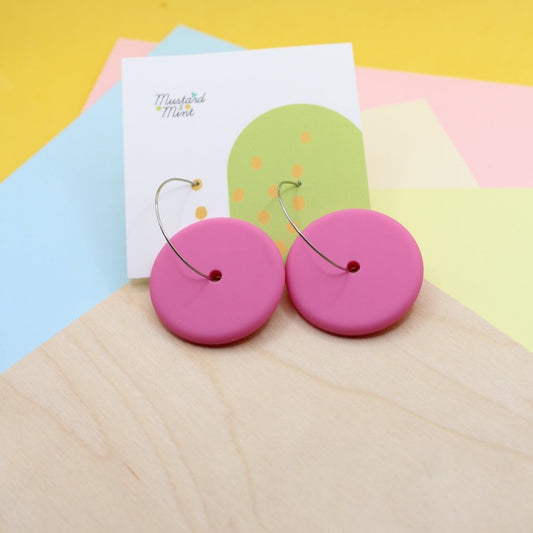 Statement Silicone Hoop Dangle Earrings - Candy Pink. 30mm Hoops.