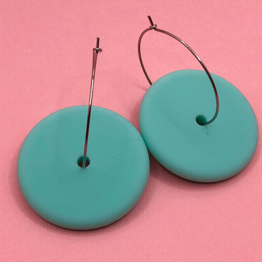 Silicone Hoop Dangle Earrings, Seafoam. 30mm Hoops.