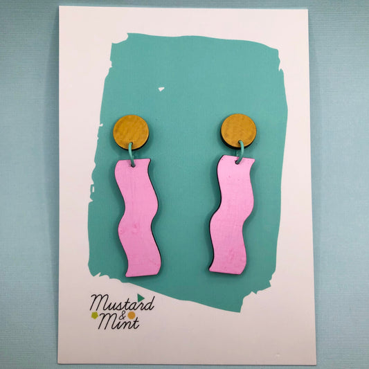 80's inspired Memphis style hand-painted wood dangle earrings, in pink, yellow and turquoise.