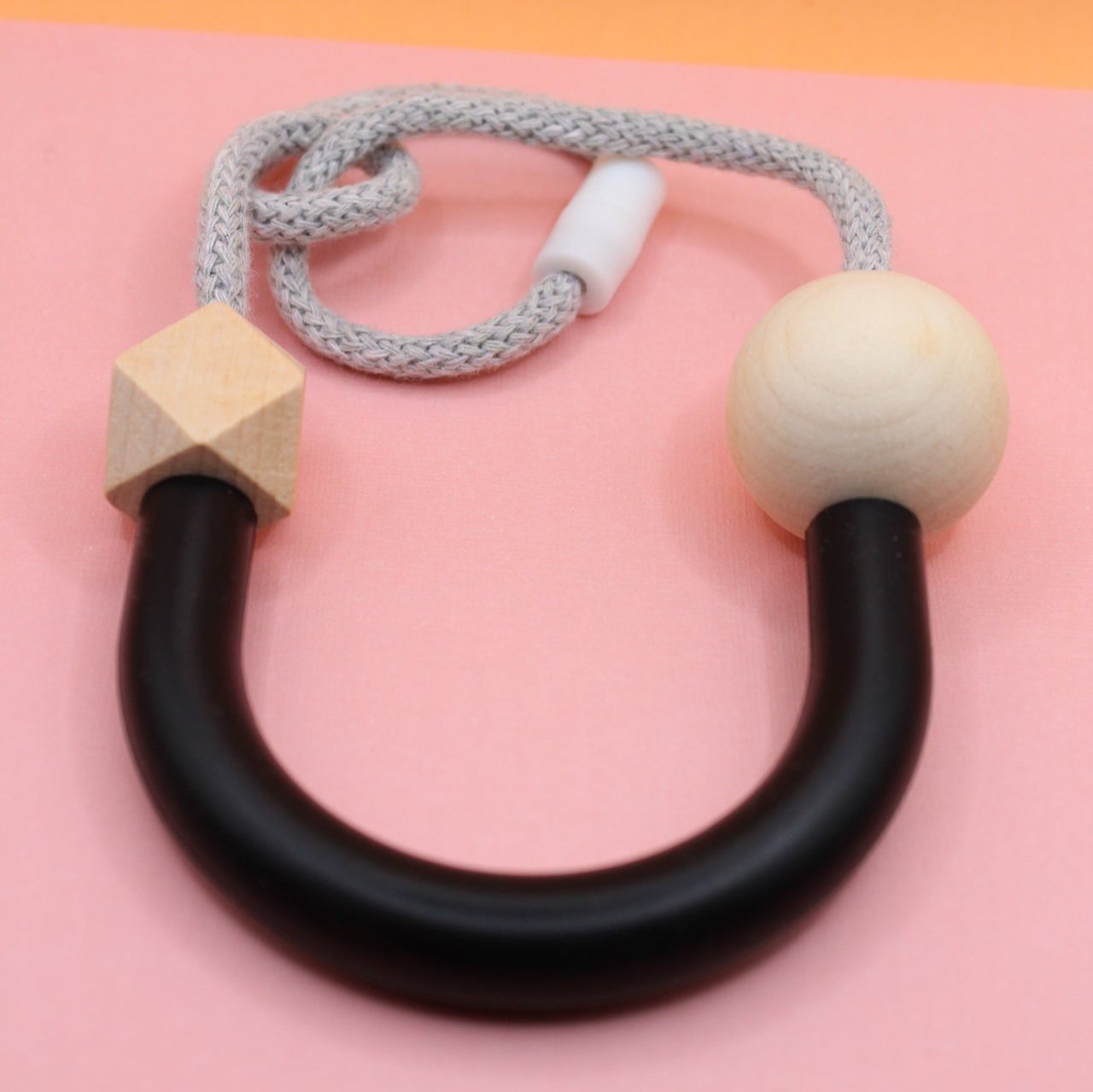 Basic Bold - Black Silicone U Tube necklace on 5mm Grey Macrame Cord | Chunky Wooden Beads