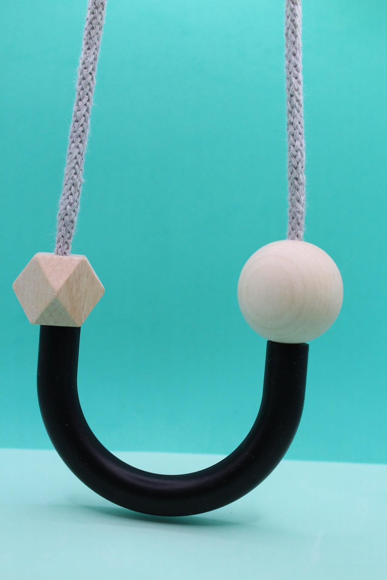 Basic Bold - Black Silicone U Tube necklace on 5mm Grey Macrame Cord | Chunky Wooden Beads