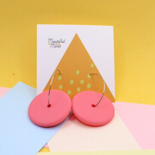 Statement Silicone Hoop Dangle Earrings | Flamingo Pink | 30mm Hoops | Super Seconds Festival