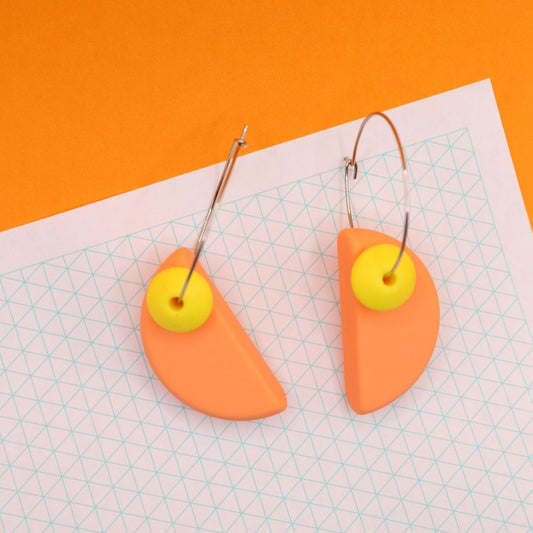 Statement Silicone Hoop Dangle Earrings - Peach and Sunny Yellow, 30mm Hoops.